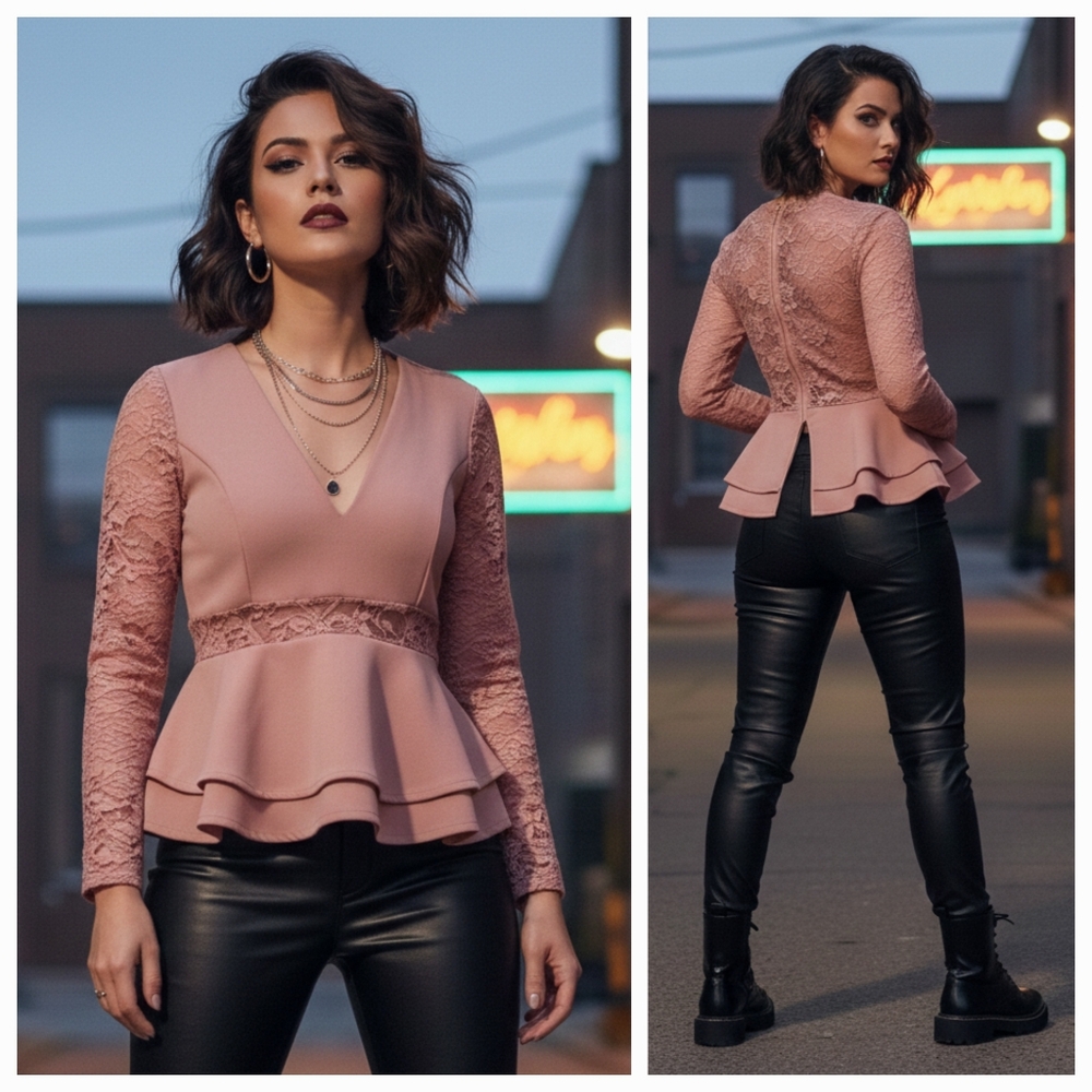NWT REVAMPED M Y2K Barbiecore Whimsigoth Edgy Timeless Victorian Lace Peplum Top